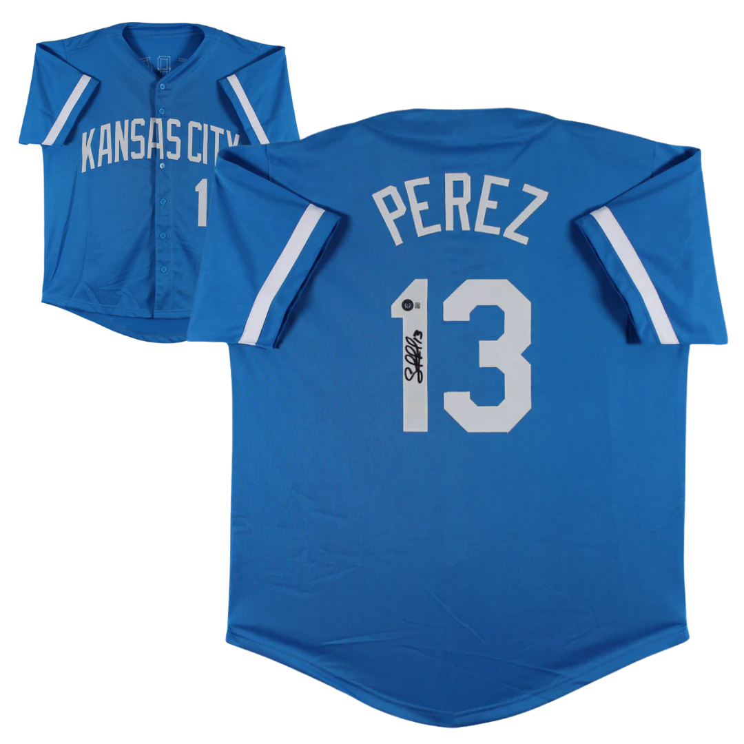 Salvador Perez Signed Blue Pro Style Baseball Jersey with Beckett Witness
